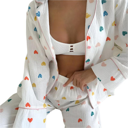 Heart Printed Long Sleeved Two-Piece Pajamas Set