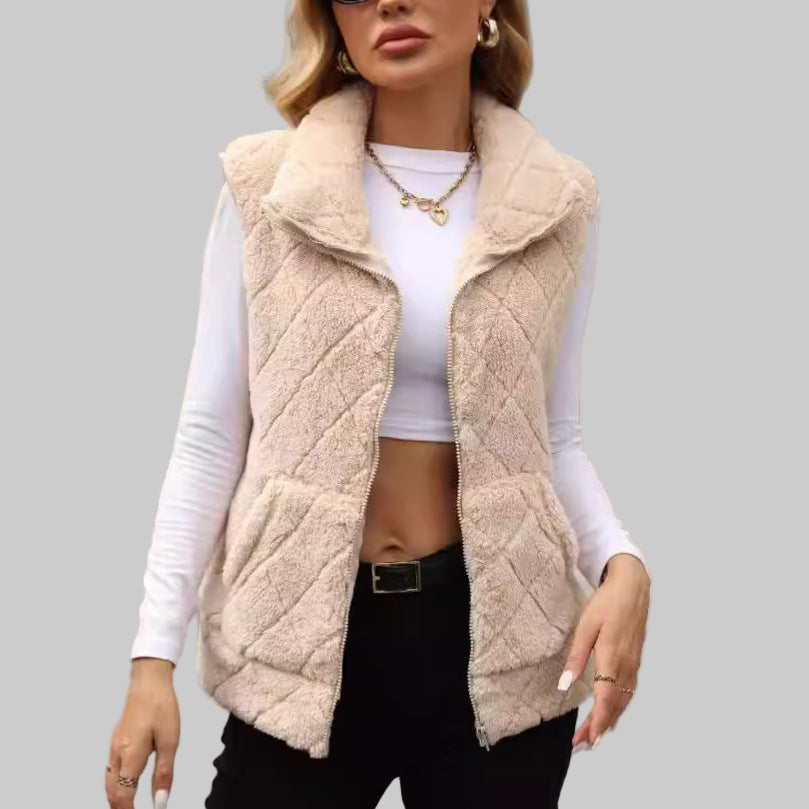 Diamond Lattice Zipper Plush Vest Coat