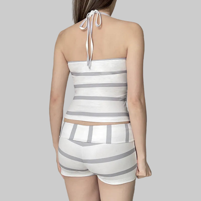 Striped Contrast Color Halter Lace-up Two Piece Set