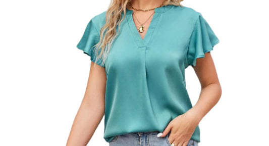 Satin V-neck Ruffle Blouse
