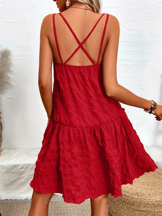 Crepe Elegant Romantic Suspender Ruffled Dress