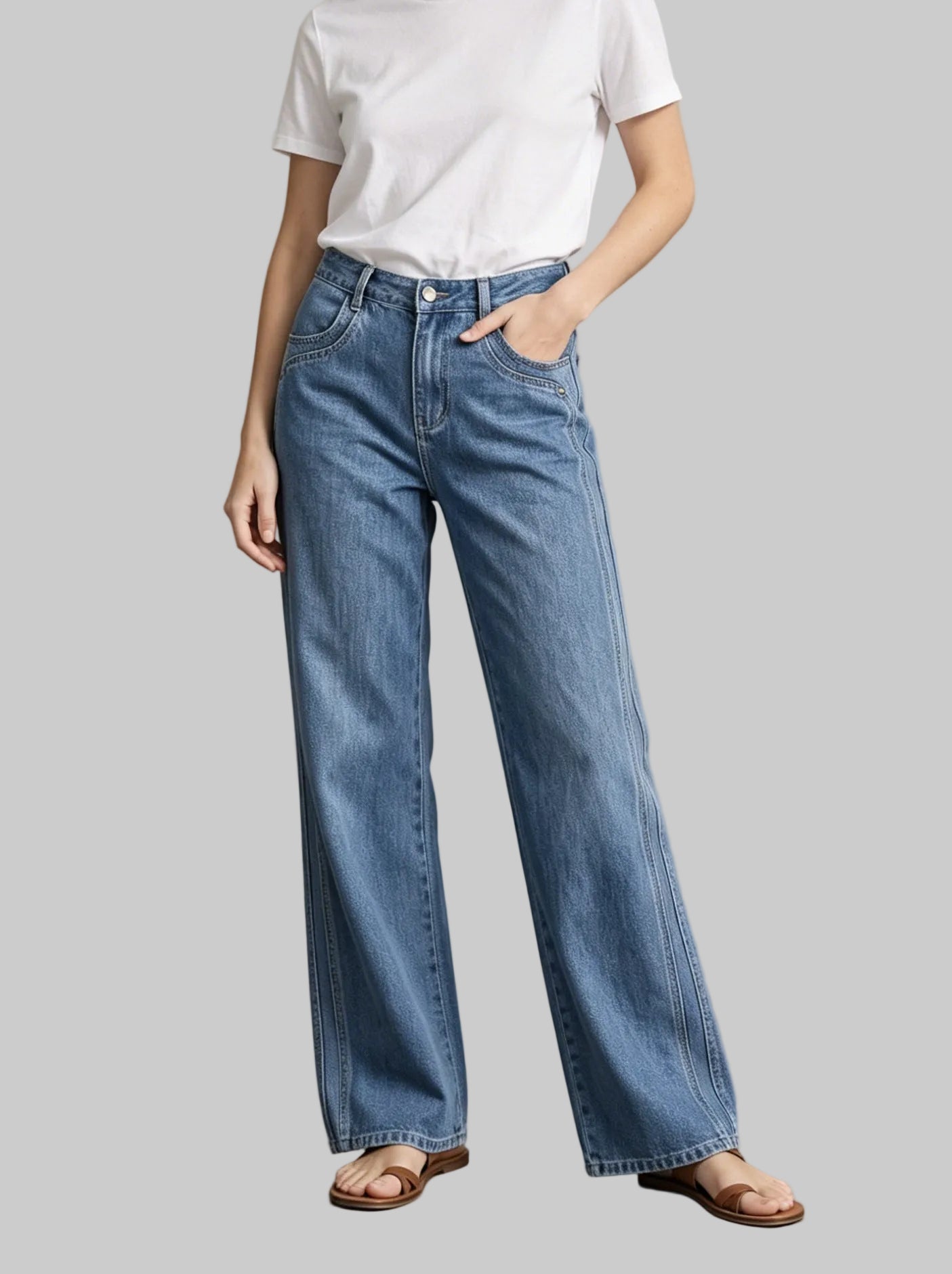 A model wearing high-waisted, wide-leg blue denim jeans with a white t-shirt and brown flat sandals, standing against a textured gray studio backdrop.
