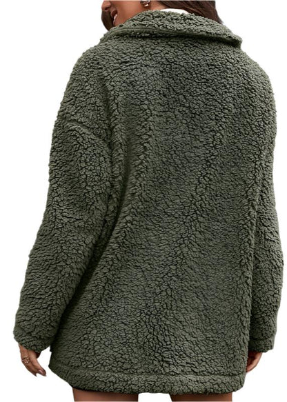 Thick Velvet Zipper Furry Collared Wool Coat