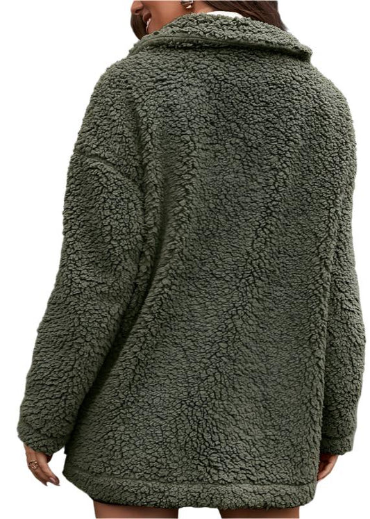 Thick Velvet Zipper Furry Collared Wool Coat