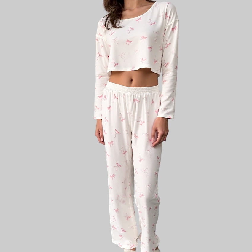 Pattern Print Bow Top Knitted Pajamas Set