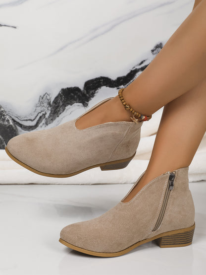 Side Zipper Round Toe V-Cut Suede Ankle Boots