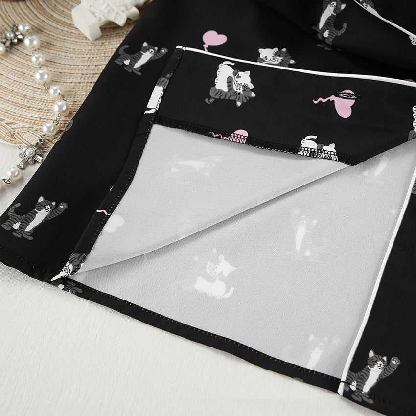 Cute Cat Print Artificial Silk Pajamas Set