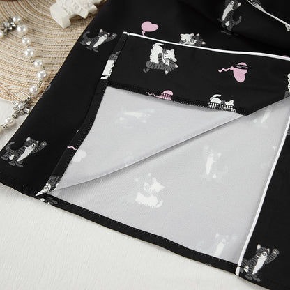 Cute Cat Print Artificial Silk Pajamas Set