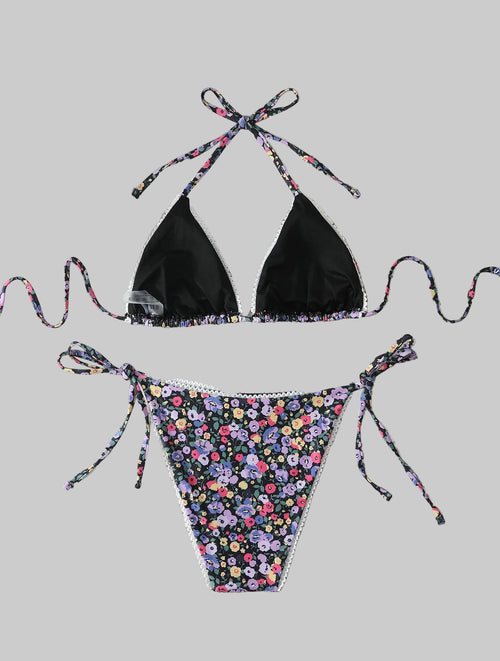 French Floral Sexy Lace-up Bikini