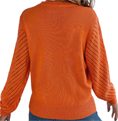 Casual Hollow Cutout Lantern Sleeve Pullover Sweater