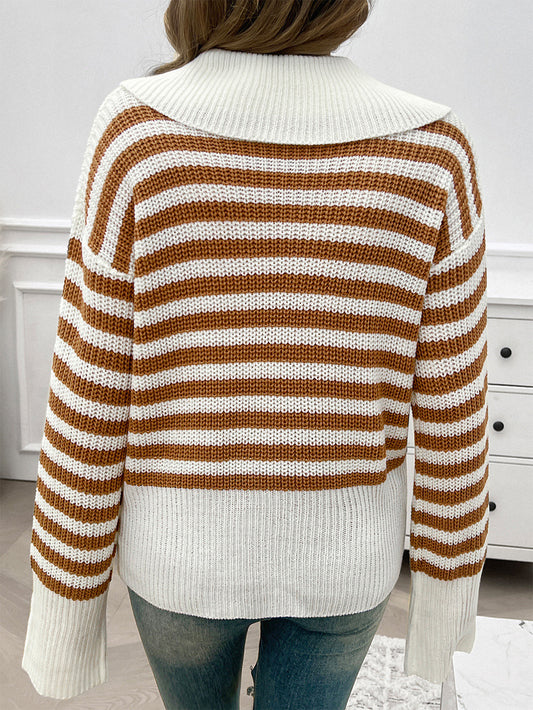 Casual Loose Lapels Striped Long Sleeve Sweater