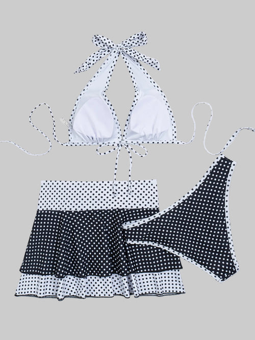 Bikini Polka Dot Printed Lace-up Sexy Belt Overskirt Three Piece Set - Tamra.Shop.Social