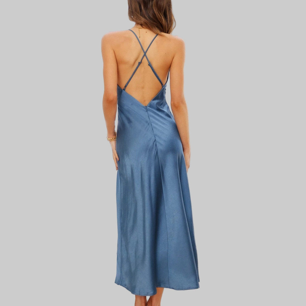 Criss Cross Back V-Neck Satin Dress