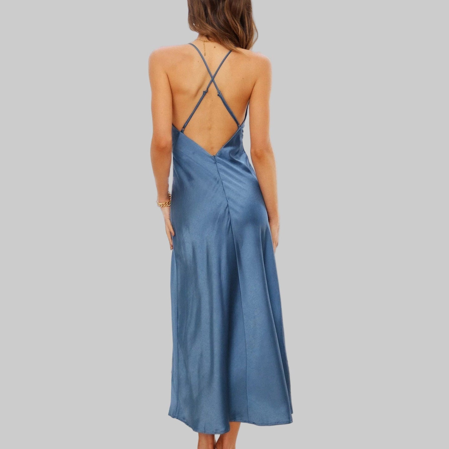 Criss Cross Back V-Neck Satin Dress