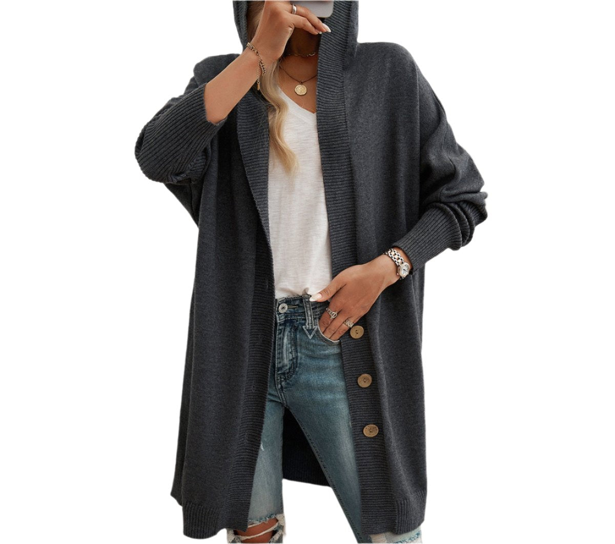 Casual Loose Hooded Mid-Length Cardigan