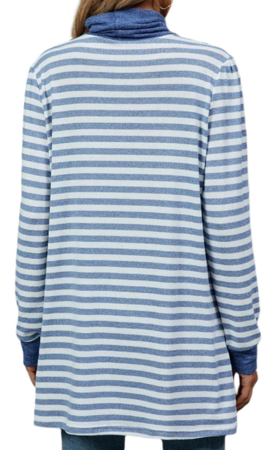 Striped Contrast Color Pockets Turtleneck Long Sleeve Top