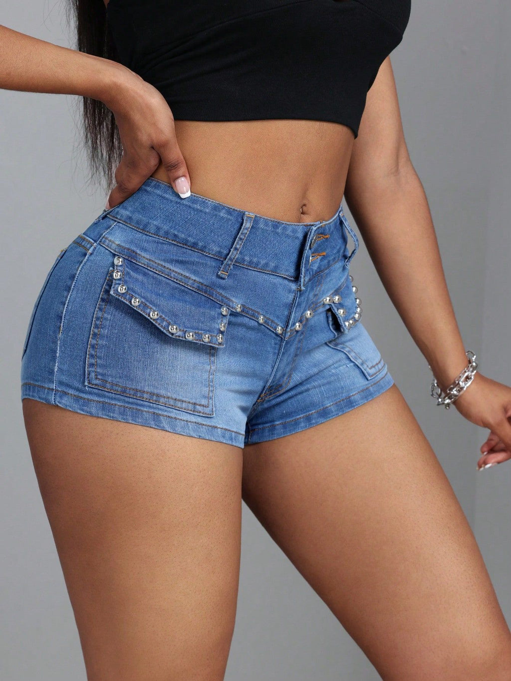 Mid Low Waist Slimming Beaded Mid Stretch Denim Shorts