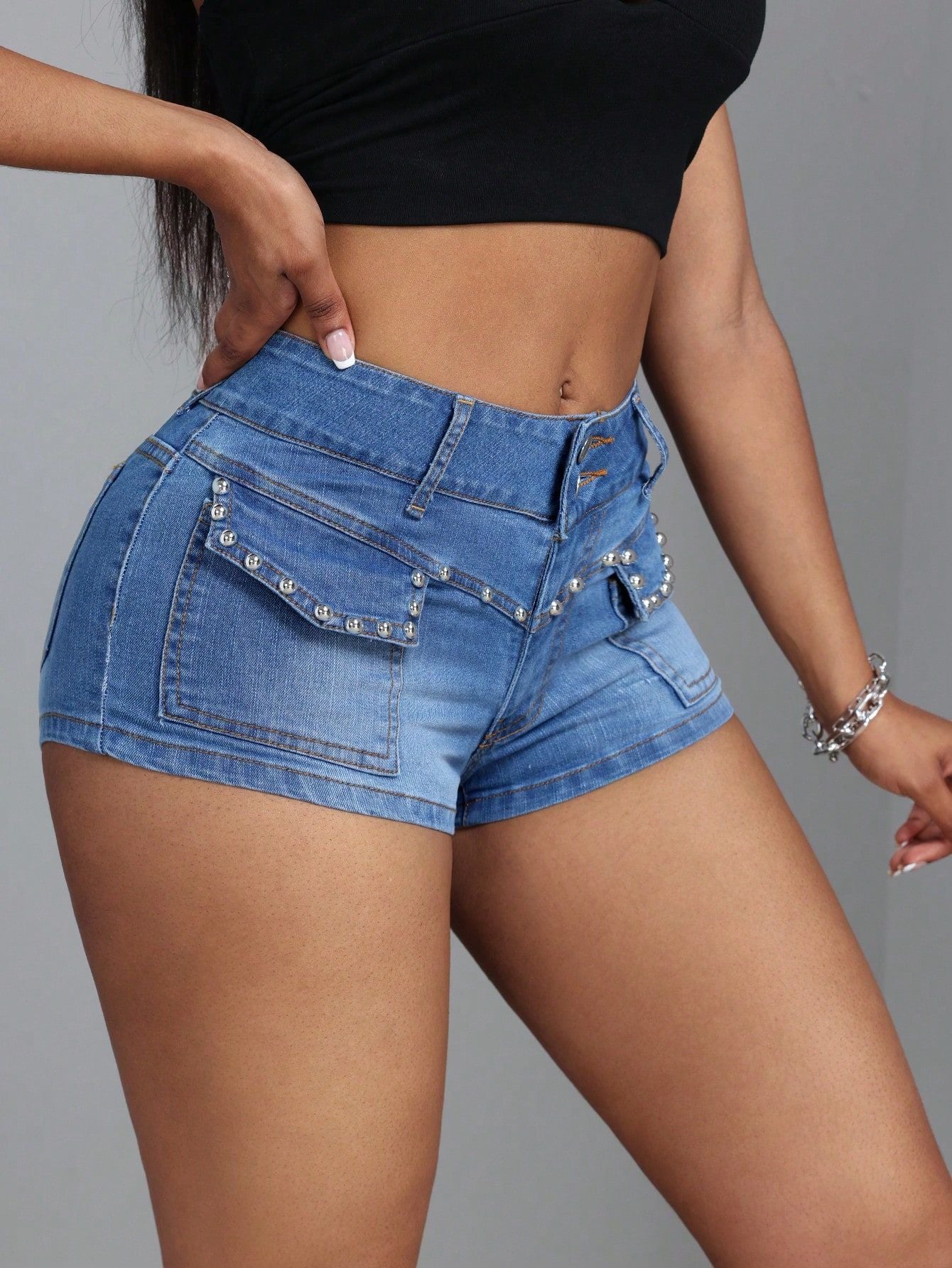 Mid Low Waist Slimming Beaded Mid Stretch Denim Shorts