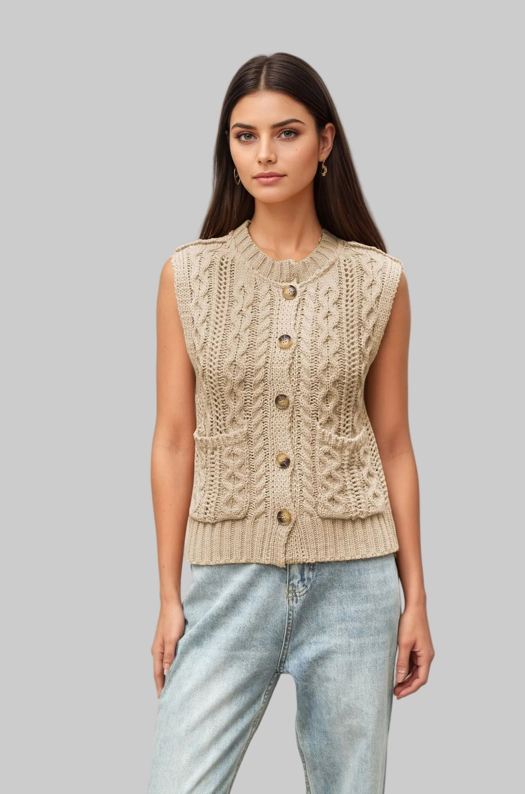Round Neck Pocket Sleeveless Cardigan Knitted Vest Top