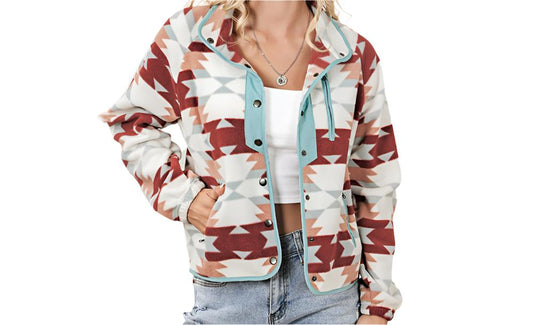 Geometric Abstract Fleece Printed Long Sleeve Jacket