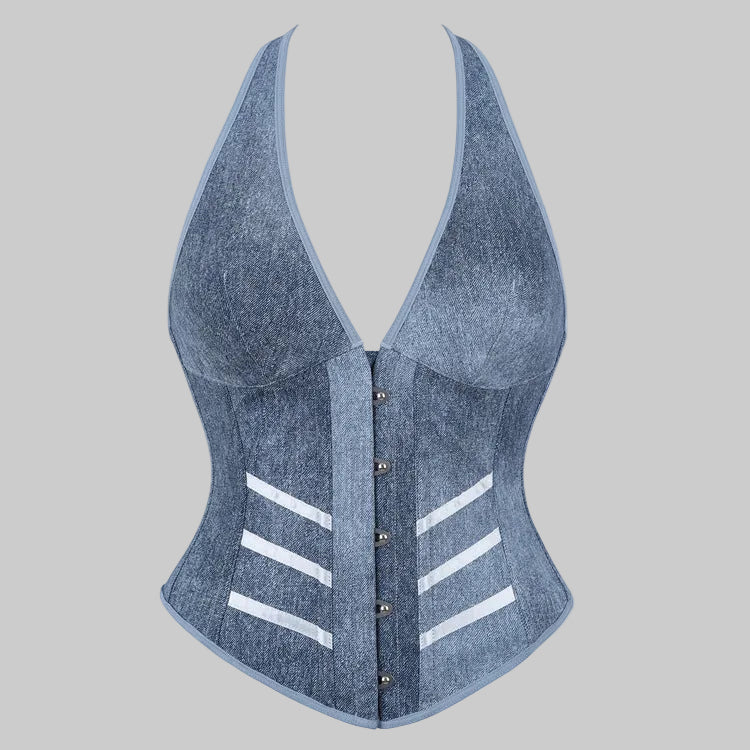 A structured corset-style top in a heathered blue-gray fabric, featuring a deep V-neckline, front button closure, and diagonal white stripe accents on the lower front panels, shown against a plain white background.