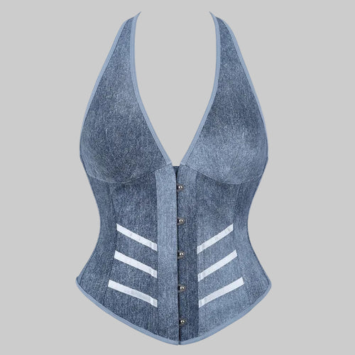 A structured corset-style top in a heathered blue-gray fabric, featuring a deep V-neckline, front button closure, and diagonal white stripe accents on the lower front panels, shown against a plain white background.