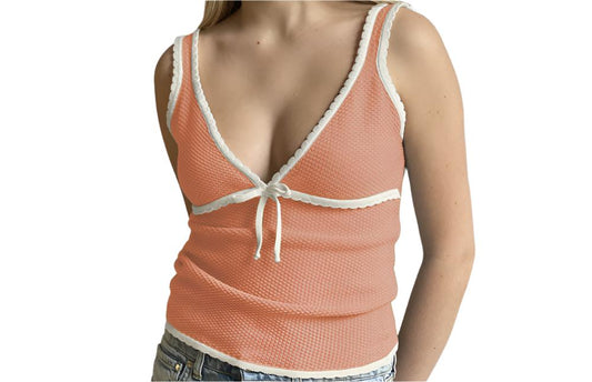 Sexy Deep V-Plunge Bow Lace Vest Top