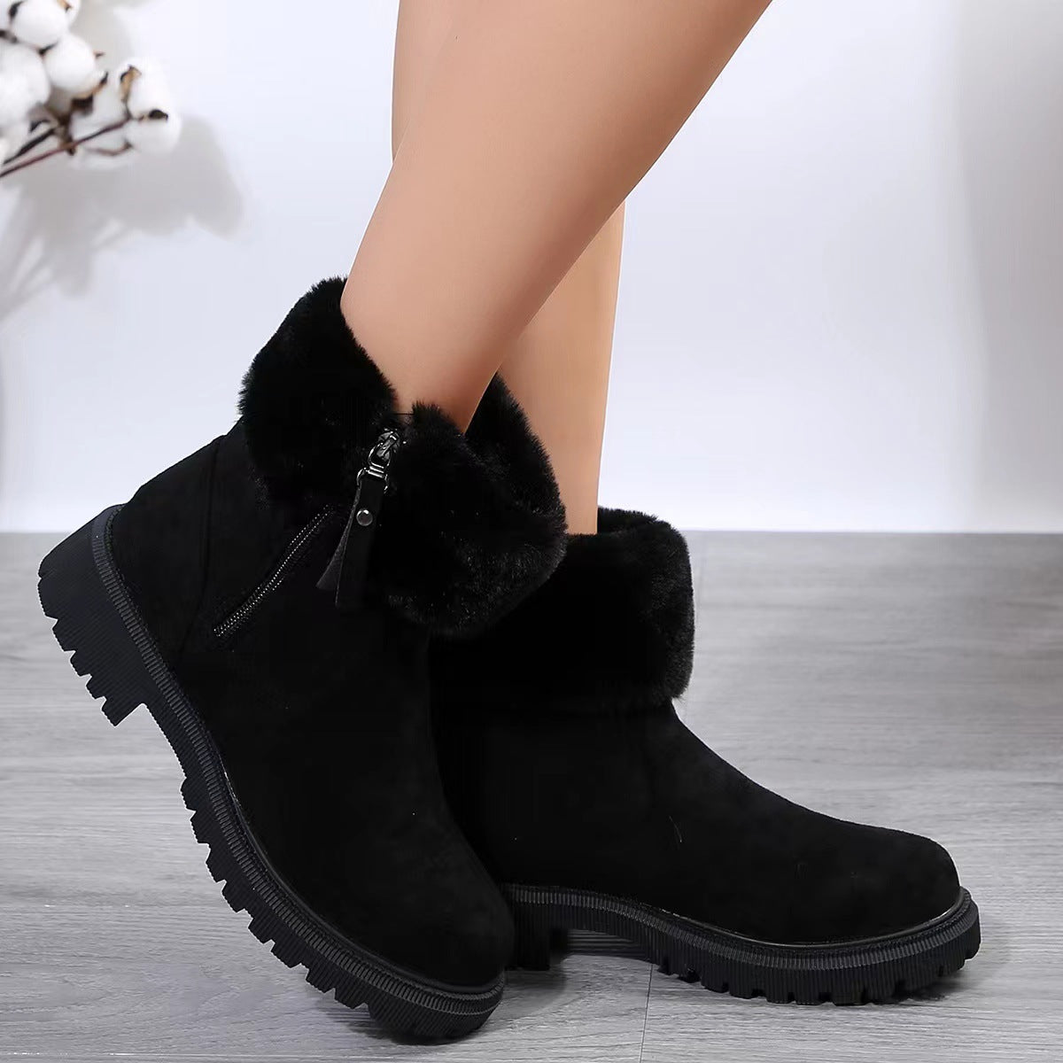 Mid Calf Snow Fur Cotton Padded Boots