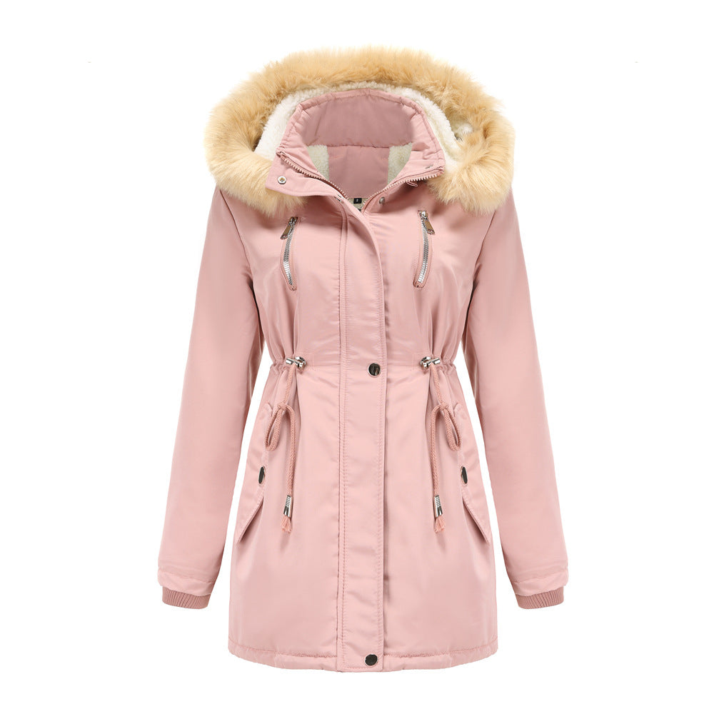 Thick Lambskin Cotton Detachable Fur Hoodie Fleece Padded Coat