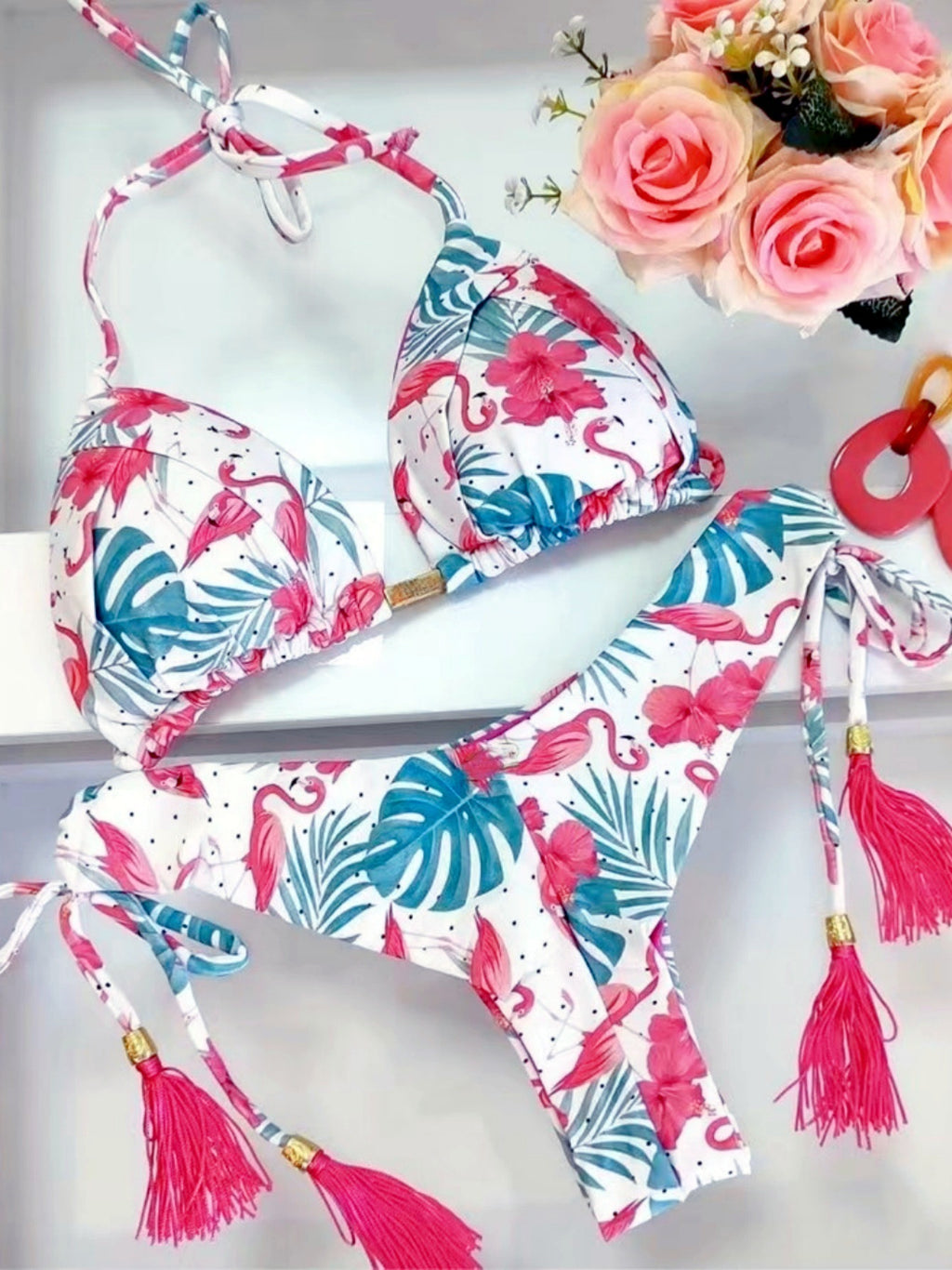 Floral Print Tassel Lace-up Bikini