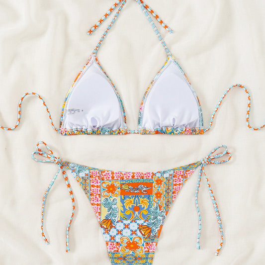 Triangle Cup Print Lace-up Bikini