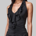 Elegant V-neck Flounce Backless Lace-up Halter Top