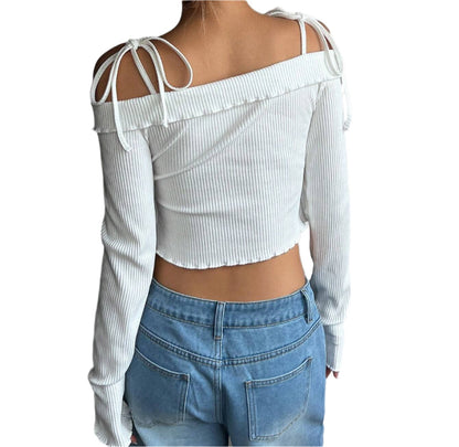 Simple Boat Collar Tie Strap Crop Long Sleeve Top