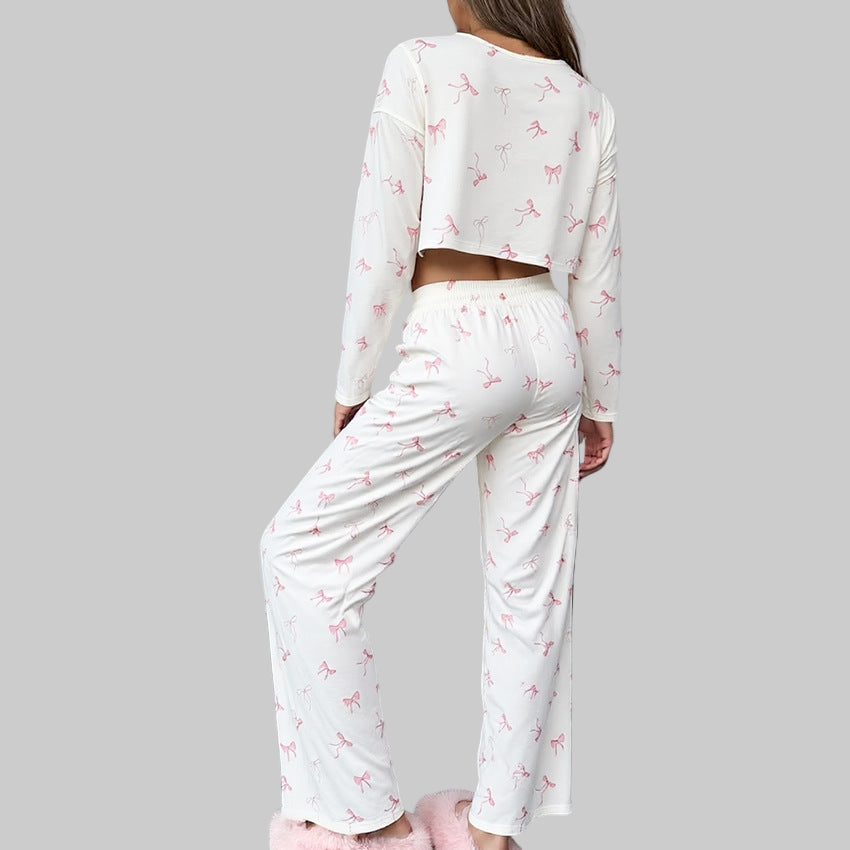 Pattern Print Bow Top Knitted Pajamas Set