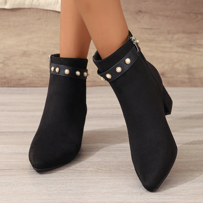 Black Pearl Microfiber Ankle Pointed Toe Chunky Heel Low Heel Boots