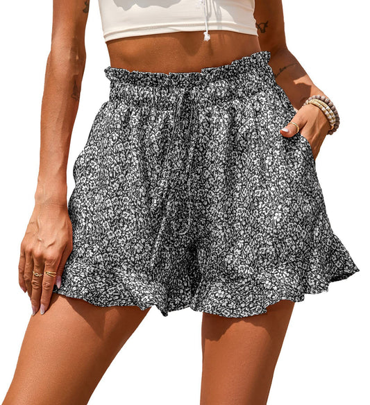 Chiffon Print Casual Pocket Nipped Waist Shorts