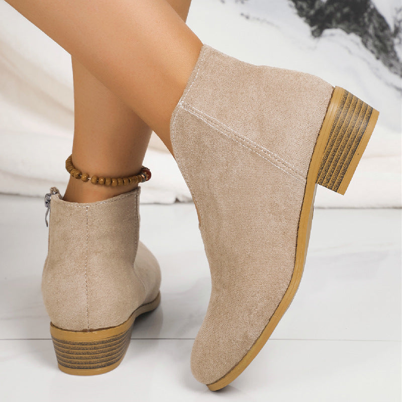 Side Zipper Round Toe V-Cut Suede Ankle Boots