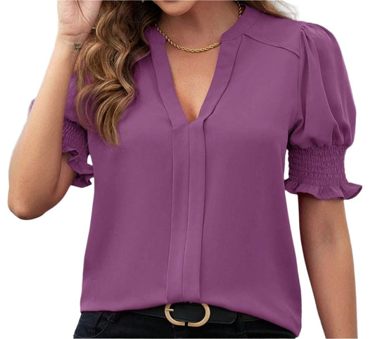 V-neck Puff Ruffled Sleeve Top