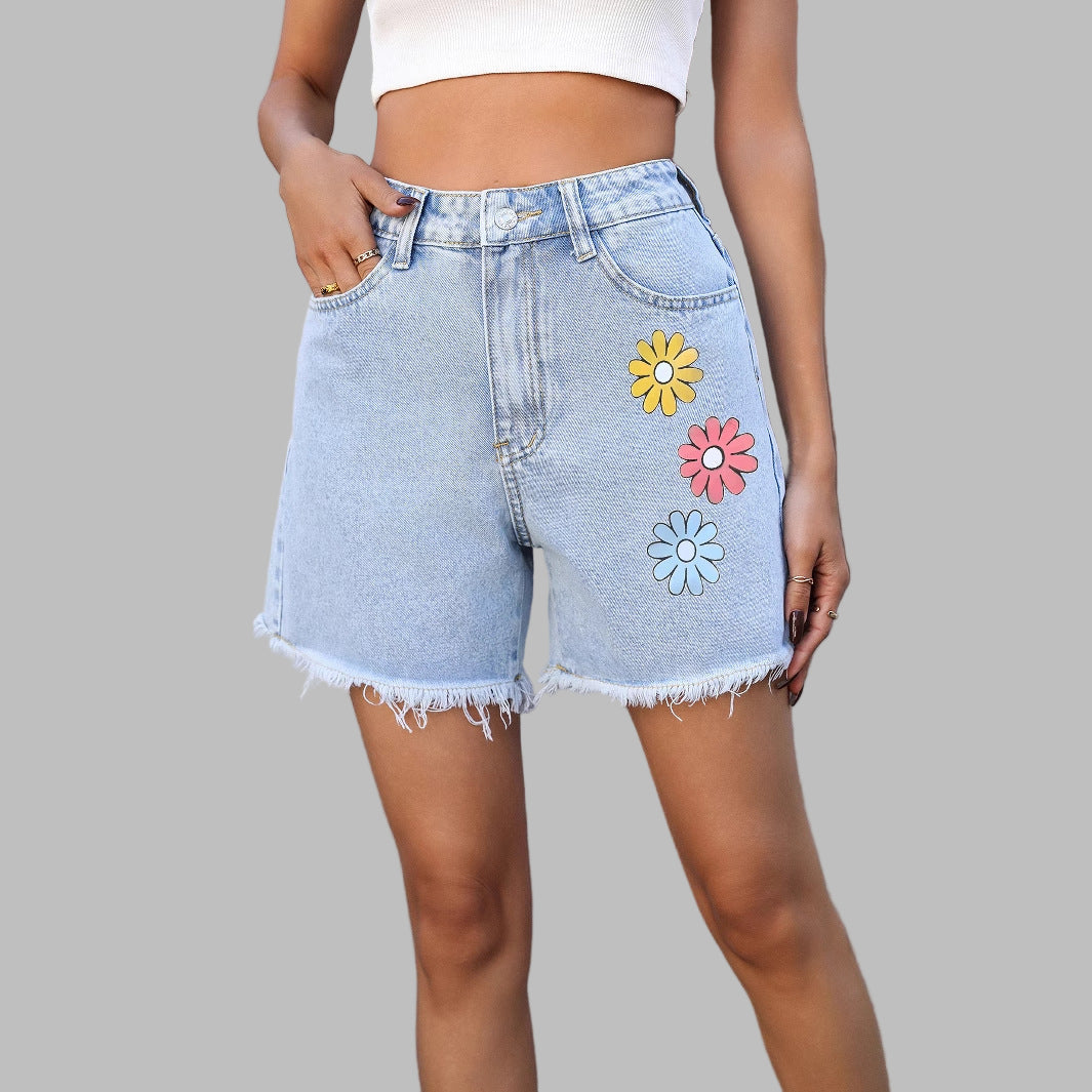 Floral Print High Waist Denim Shorts