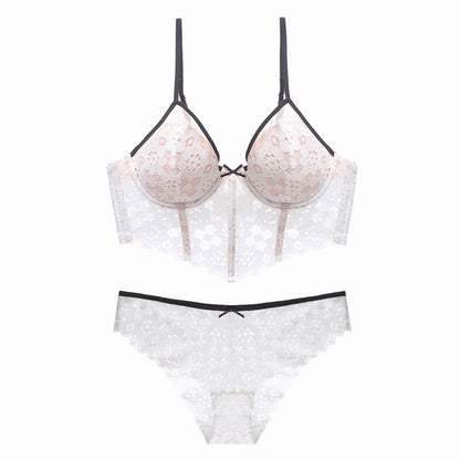 Sexy Thin Cup Braces Push-up Crocheted Lace Long Bra Set
