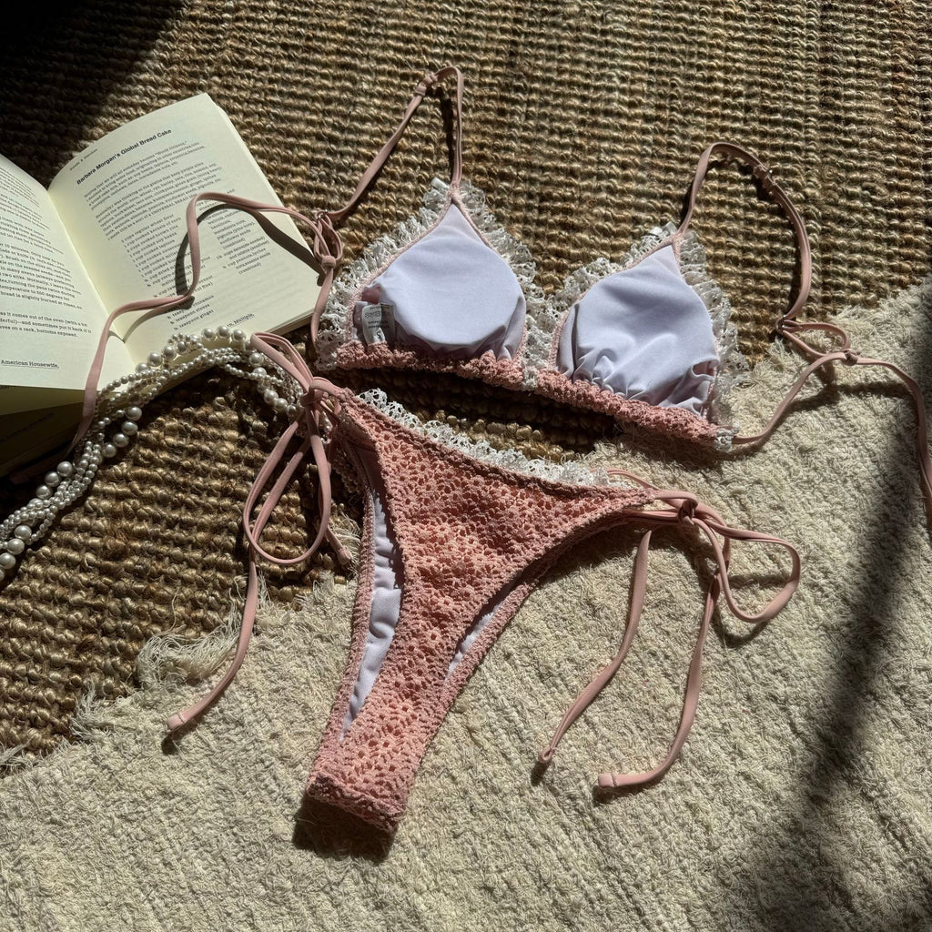 Contrast Color Bow Flounce Trim Lace-up Bikini