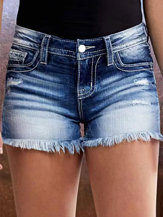 Embroidered Frayed Denim Shorts