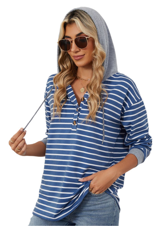 Striped Color Contrast Patchwork Hooded Long Sleeve Sweatshirt