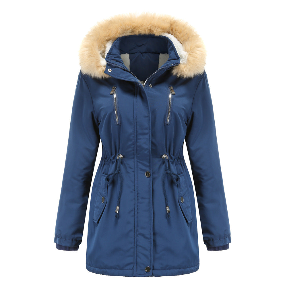 Thick Lambskin Cotton Detachable Fur Hoodie Fleece Padded Coat