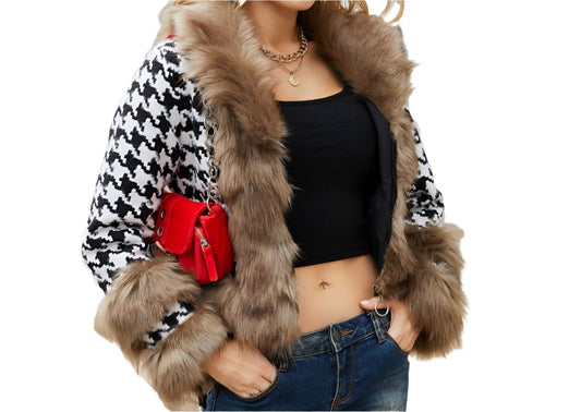 Plaid Detachable Short Fur Collar Houndstooth Coat