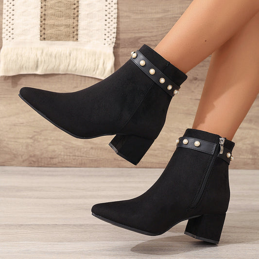 Black Pearl Microfiber Ankle Pointed Toe Chunky Heel Low Heel Boots