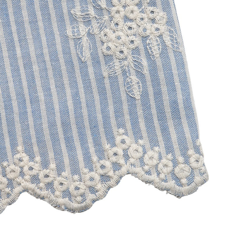 Fresh Pastoral Striped Embroidered Flounced Sleeve Square Collar Top