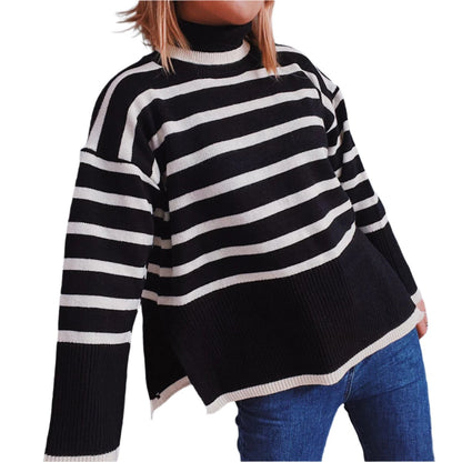 Casual Loose High Collar Bell Sleeve Striped Side Slit Knitted Pullover Sweater