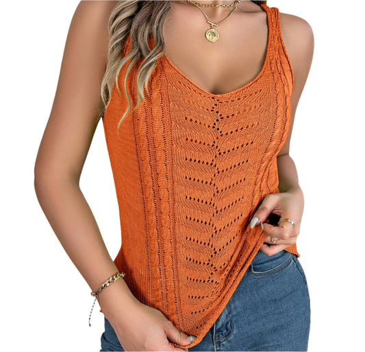 Casual Knitwear V-Neck Hollow Cutout Top