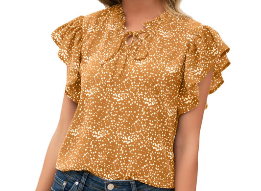 Ruffle Sleeve Polka Dot Short Sleeve Blouse